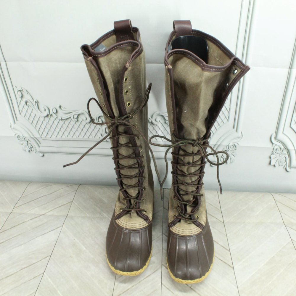 LL Bean Green Canvas Waxed Coated Waterproof Tall Duck Boots Size 6 Medium - Picture 5 of 9